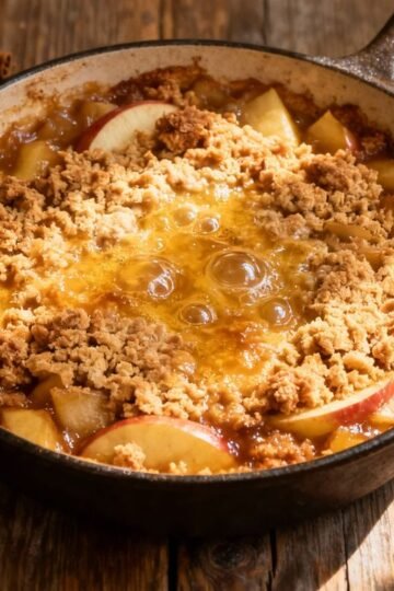 Warm apple casserole with streusel topping.
