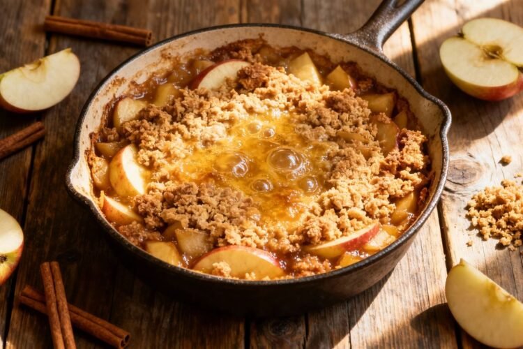 Warm apple casserole with streusel topping.