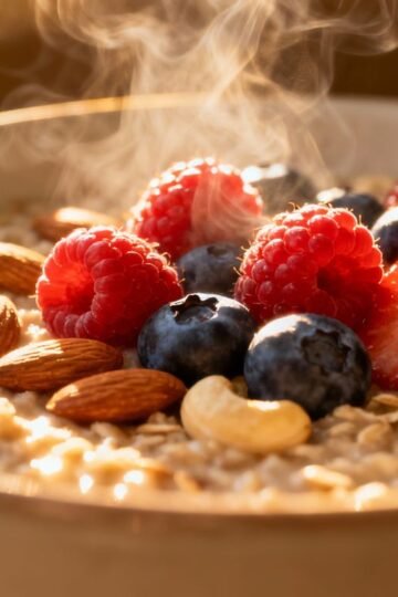Healthy breakfast bowl with berries and nuts.
