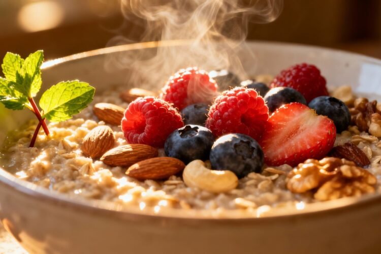 Healthy breakfast bowl with berries and nuts.