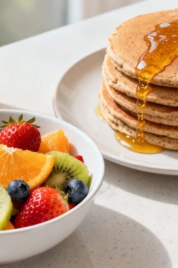 Healthy pregnancy breakfast ideas: fruit, pancakes, and juice.