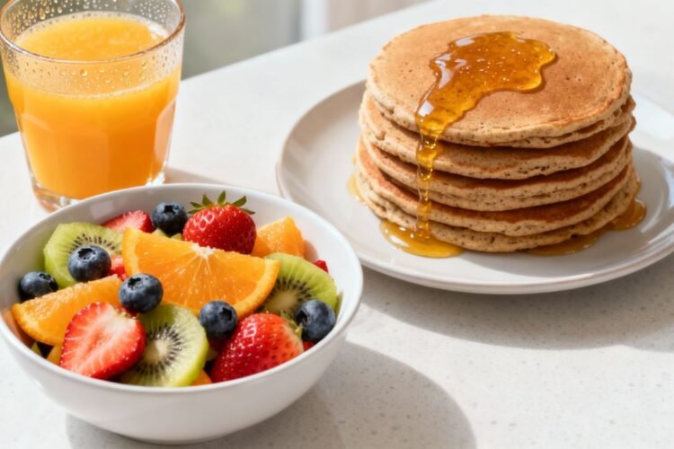 Healthy pregnancy breakfast ideas: fruit, pancakes, and juice.