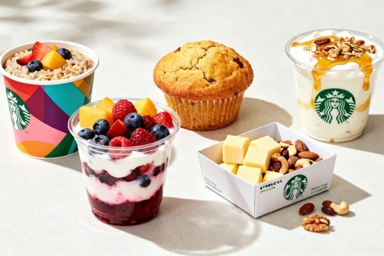 Starbucks healthy breakfast options arranged attractively.