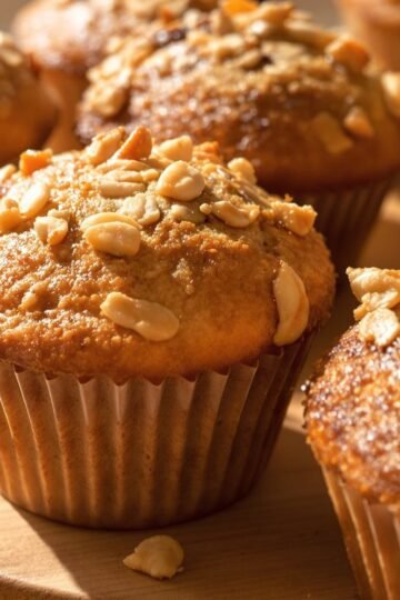 Golden brown All Bran Buds muffins on a wooden board.