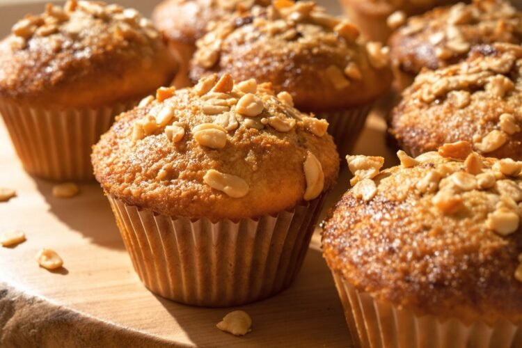 Golden brown All Bran Buds muffins on a wooden board.