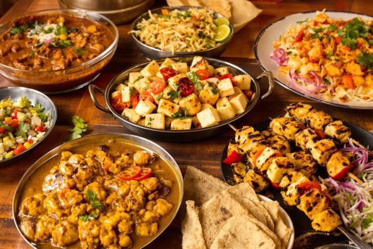 Assorted high-protein Indian dishes on a wooden table.