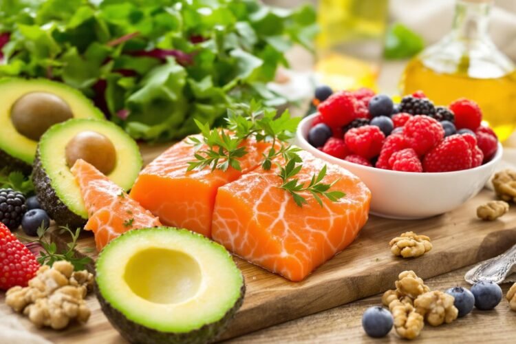 Assorted heart-healthy foods including salmon, avocado, berries, greens.