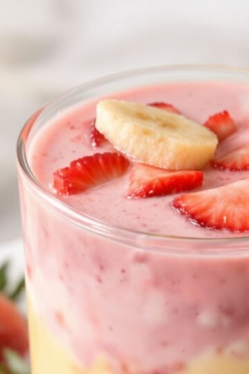 Costco strawberry banana smoothie with fresh fruit garnish.