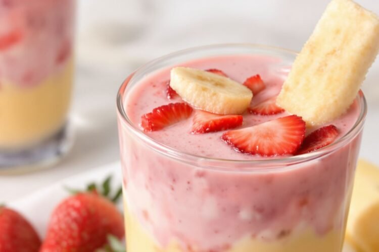 Costco strawberry banana smoothie with fresh fruit garnish.