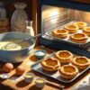 A kitchen table with ingredients and batter for Yorkshire pudding, and an oven showing golden, puffed Yorkshire puddings inside.