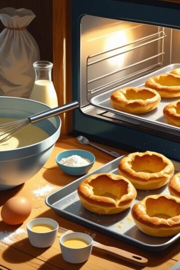 A kitchen table with ingredients and batter for Yorkshire pudding, and an oven showing golden, puffed Yorkshire puddings inside.