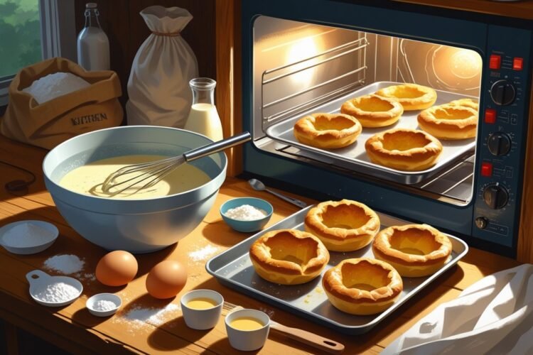 A kitchen table with ingredients and batter for Yorkshire pudding, and an oven showing golden, puffed Yorkshire puddings inside.