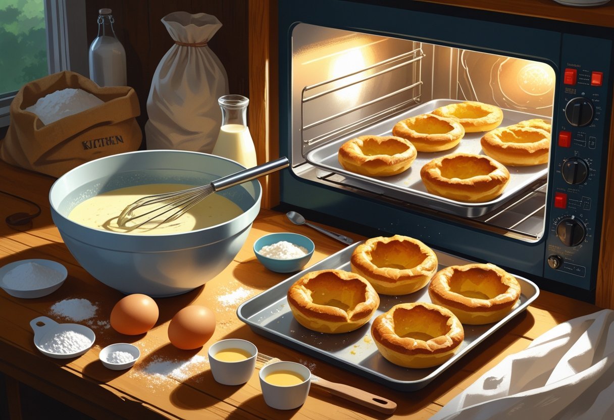 A kitchen table with ingredients and batter for Yorkshire pudding, and an oven showing golden, puffed Yorkshire puddings inside.