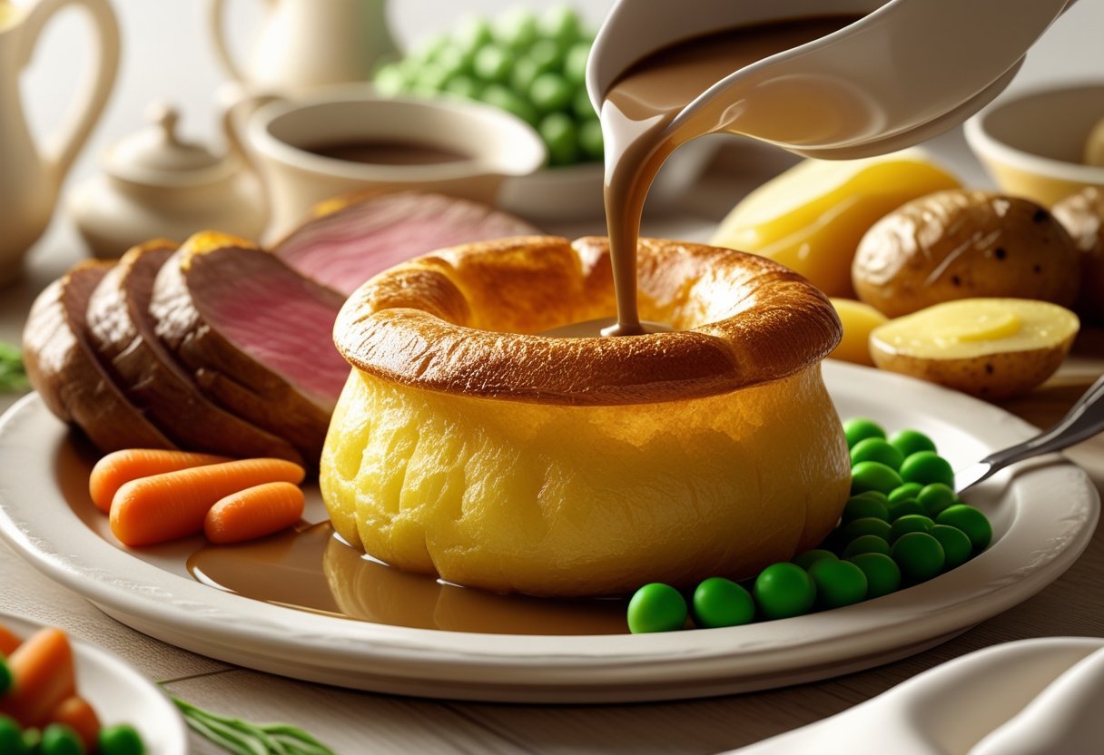 A plate with a golden Yorkshire pudding served with gravy, roast beef, roasted potatoes, and steamed vegetables.