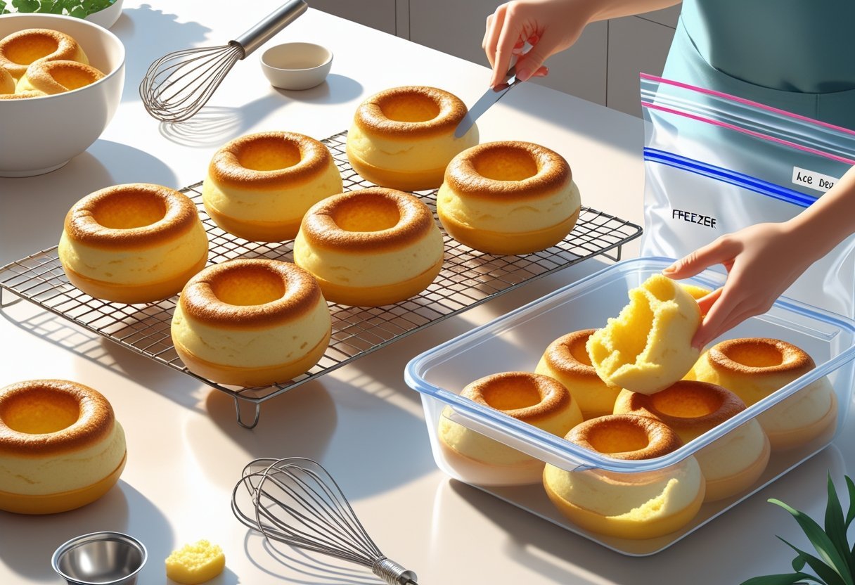 Freshly baked Yorkshire puddings cooling on a wire rack next to airtight containers and a sealed freezer bag on a kitchen countertop.