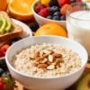 Healthy pregnancy breakfast foods: fruits, oatmeal, avocado toast.