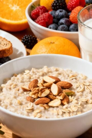 Healthy pregnancy breakfast foods: fruits, oatmeal, avocado toast.