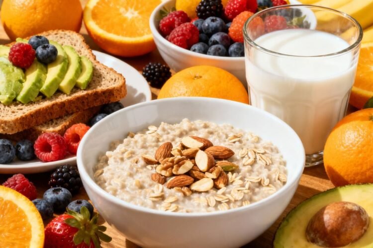 Healthy pregnancy breakfast foods: fruits, oatmeal, avocado toast.