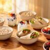 Healthy Dunkin breakfast foods on a sunny morning table