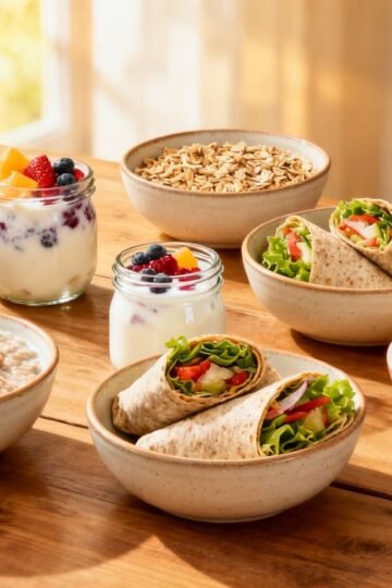 Healthy Dunkin breakfast foods on a sunny morning table