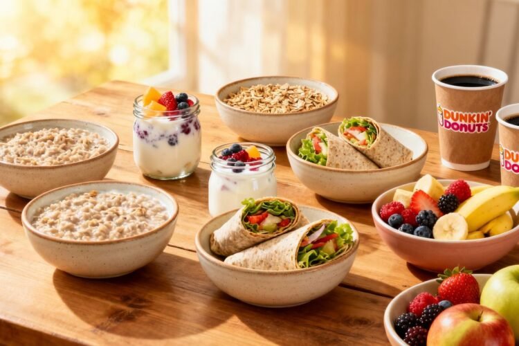 Healthy Dunkin breakfast foods on a sunny morning table