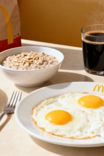 Healthy McDonalds breakfast with eggs, oatmeal, fruit, coffee