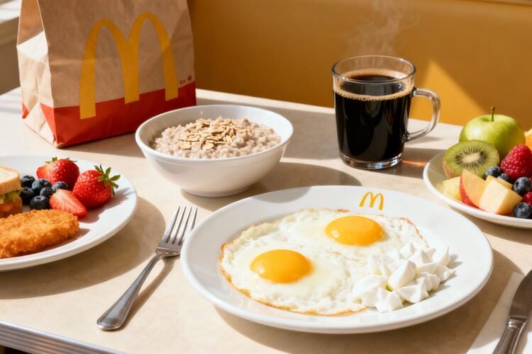 Healthy McDonalds breakfast with eggs, oatmeal, fruit, coffee