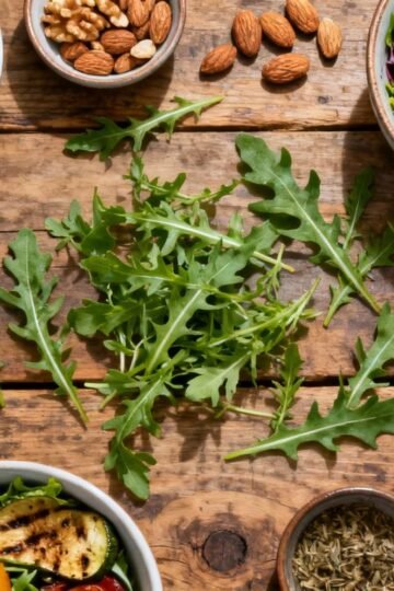 Colorful salads with fresh rocket leaves on wooden table