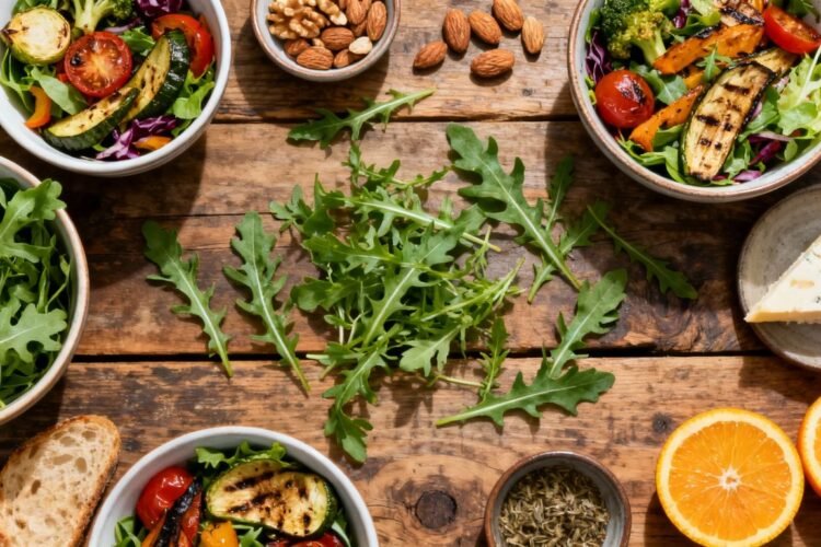 Colorful salads with fresh rocket leaves on wooden table