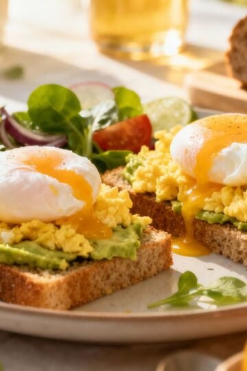 Colorful breakfast table with eggs and fresh vegetables