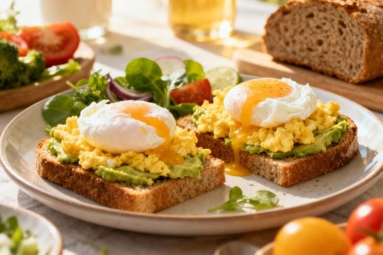 Colorful breakfast table with eggs and fresh vegetables