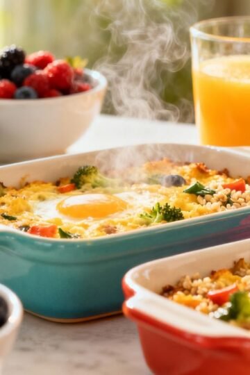 Healthy breakfast casseroles on a bright morning table
