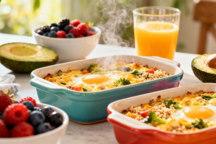 Healthy breakfast casseroles on a bright morning table