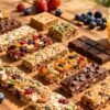 Assorted healthy breakfast bars with fresh fruits on table