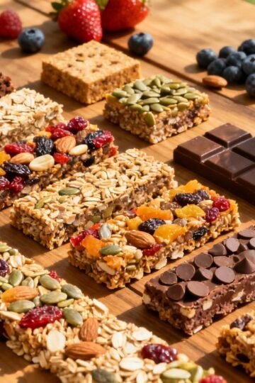 Assorted healthy breakfast bars with fresh fruits on table