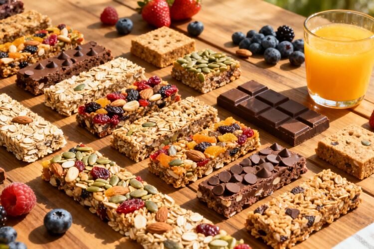 Assorted healthy breakfast bars with fresh fruits on table