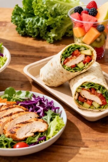 Healthy fast food meals and fresh ingredients on table