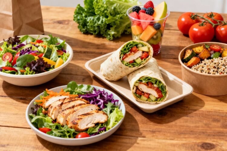 Healthy fast food meals and fresh ingredients on table