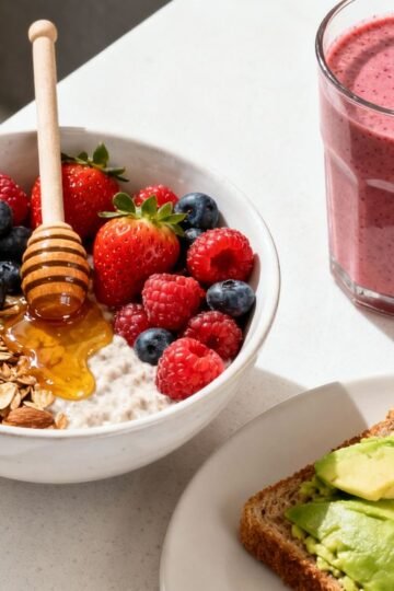 Healthy breakfast bowl, smoothie, and toast for busy mornings.