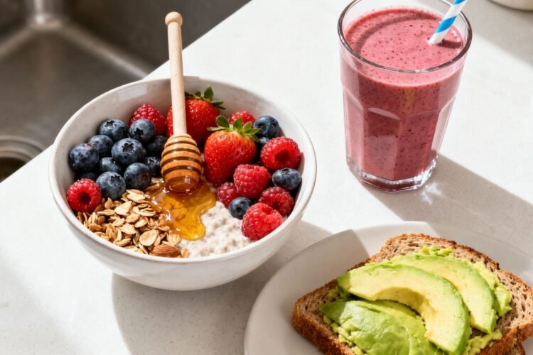 Healthy breakfast bowl, smoothie, and toast for busy mornings.