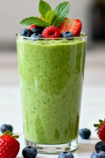 Healthy breakfast smoothie with fresh fruit and mint.