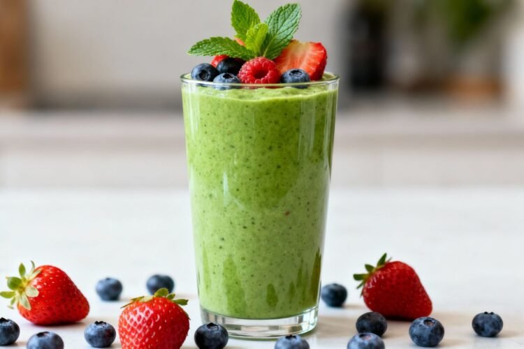 Healthy breakfast smoothie with fresh fruit and mint.