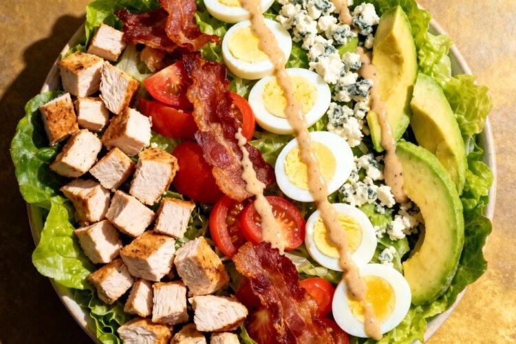 A delicious Cobb salad ready to eat.