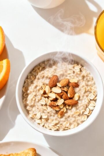 Healthy breakfast spread with fruits and oatmeal.
