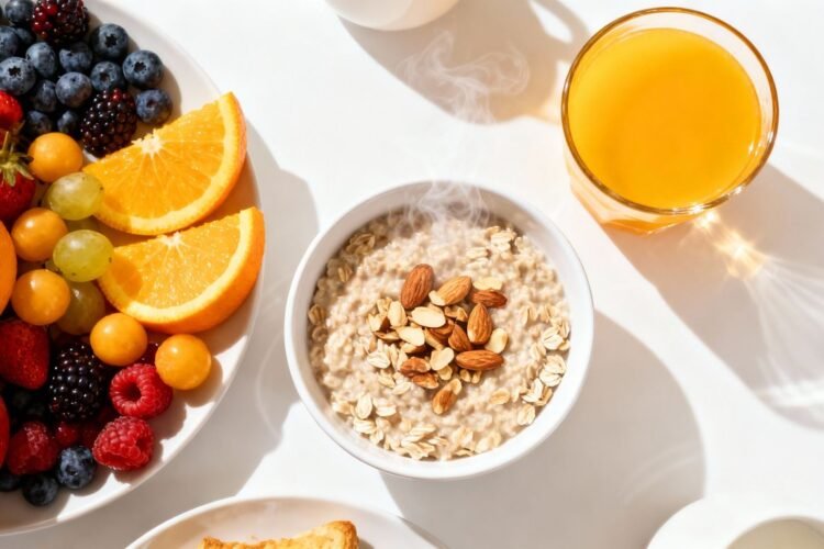 Healthy breakfast spread with fruits and oatmeal.