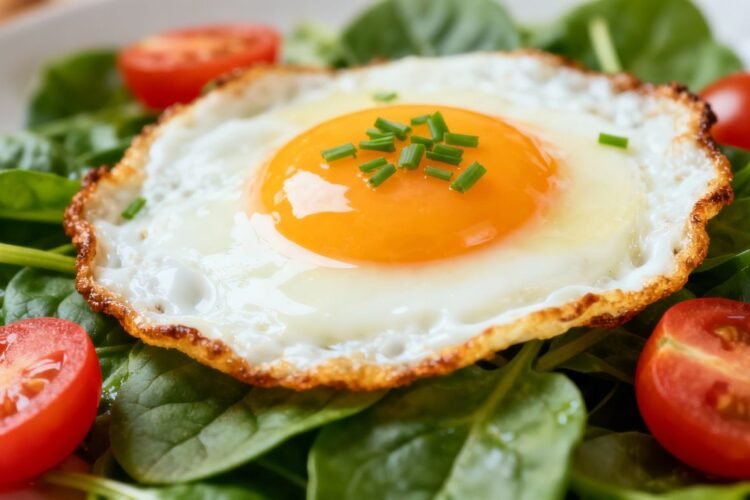 Healthy breakfast eggs with spinach and tomatoes.