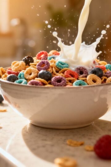 Bowl of healthy cereal with berries and milk.