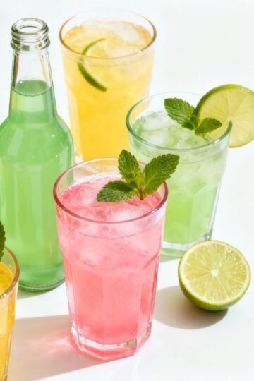 Colorful non-alcoholic drinks with fruit garnishes.