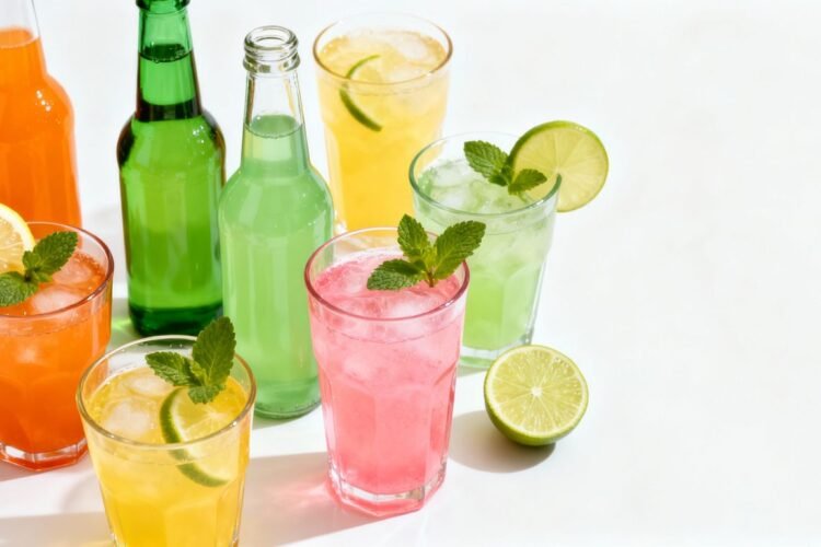 Colorful non-alcoholic drinks with fruit garnishes.
