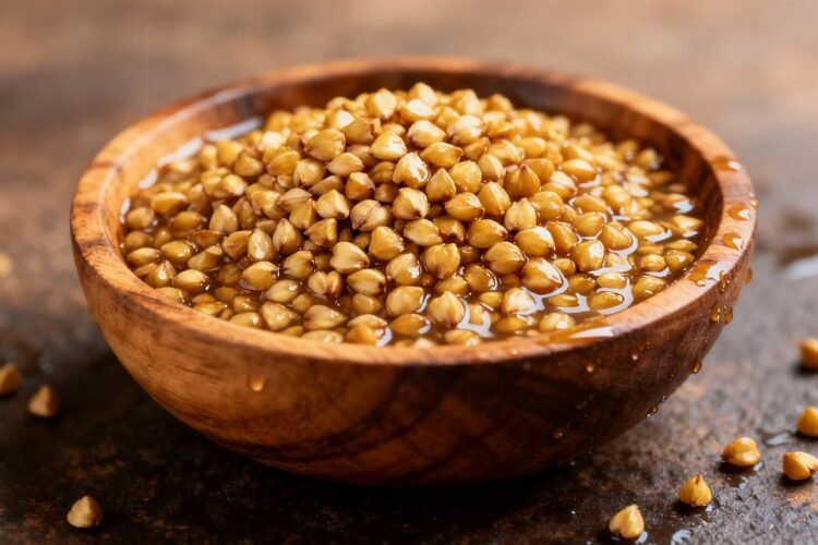 Soaked buckwheat groats in a wooden bowl.